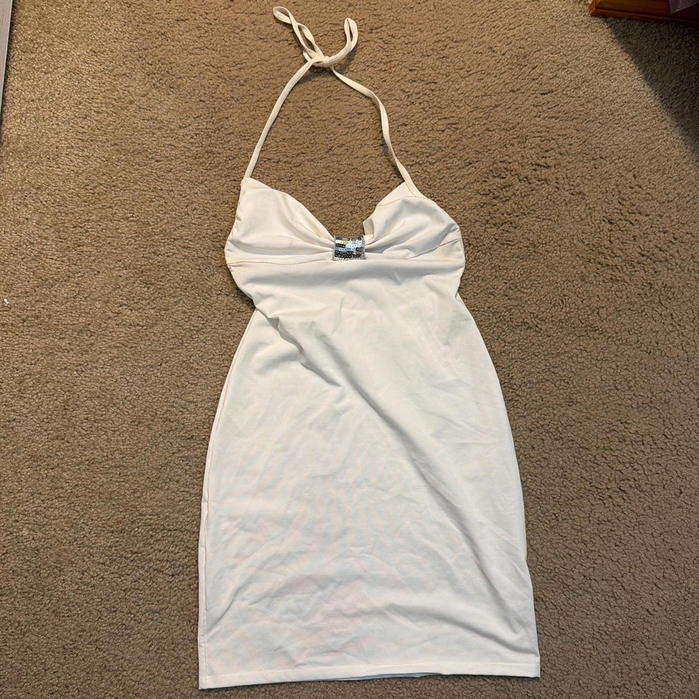 Handmade White Mini Halter Dress Y2K exotic dancer Clubwear Stretchy One Size